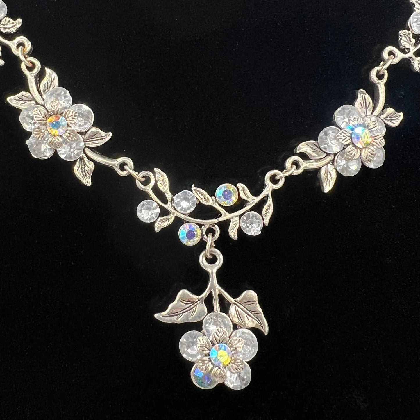 Silver Tone AB Crystal Flowers Necklace and Earring Set