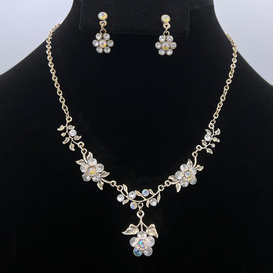 Silver Tone AB Crystal Flowers Necklace and Earring Set