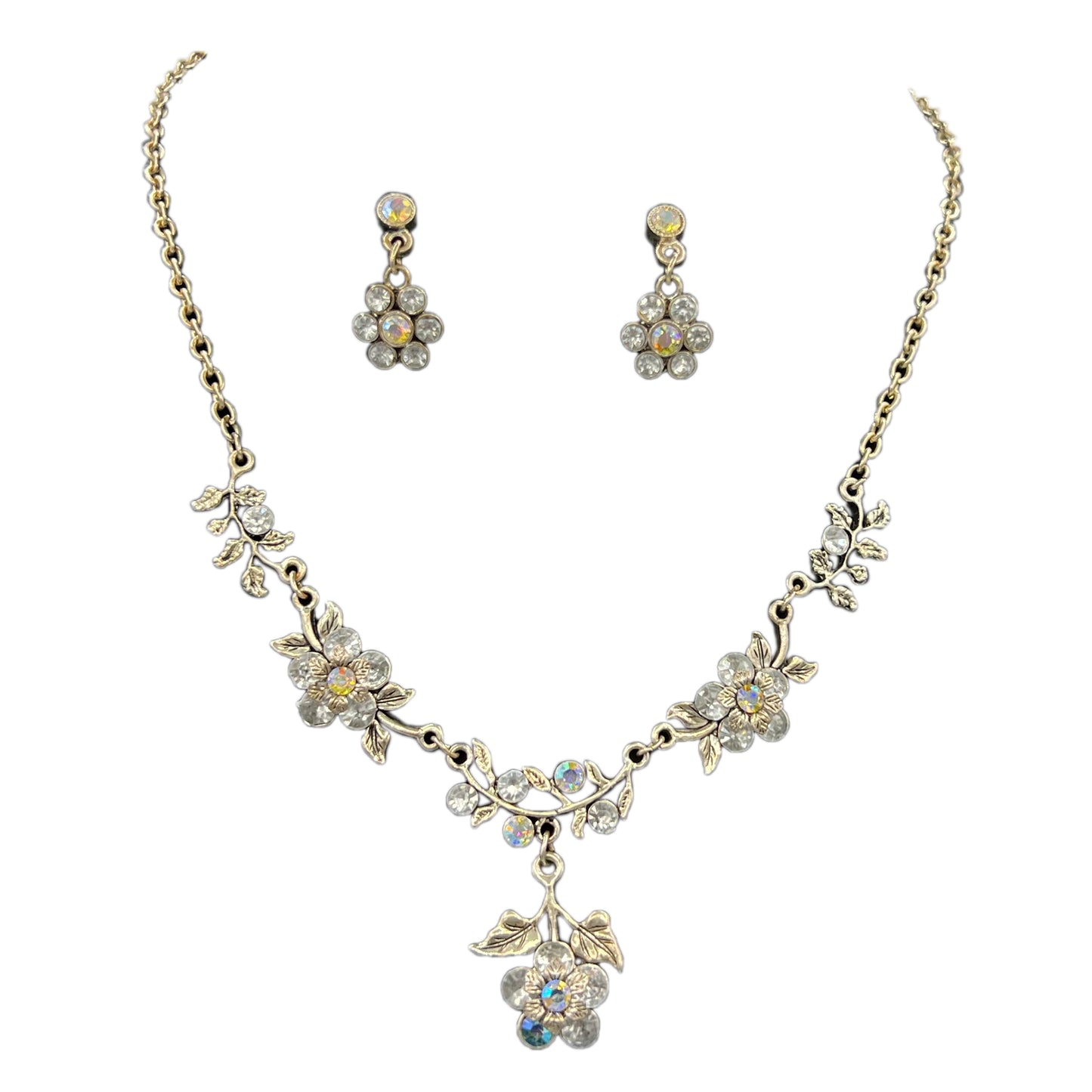 Silver Tone AB Crystal Flowers Necklace and Earring Set