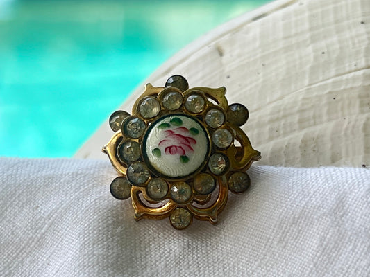 Vintage Karu signed handpainted porcelain rose and rhinestone brooch