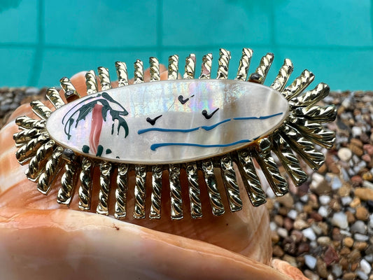 Rare Vintage Hand Painted Beach Scene Mother of Pearl Brooch