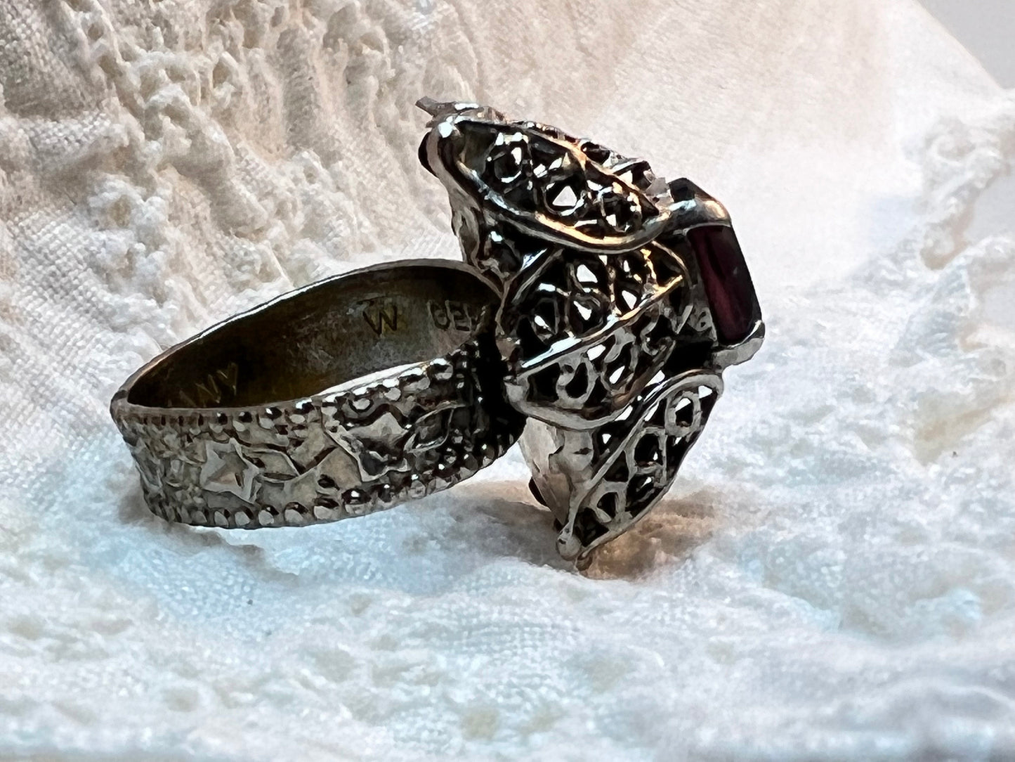 Rare Vintage West German Silver Tone Lace Dome Adjustable Ring