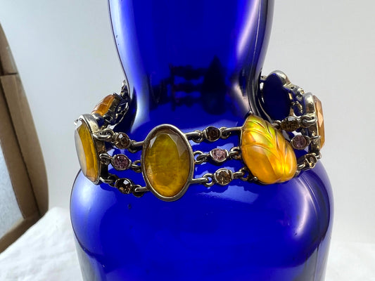 Vintage Amber Colored Cabochon and Rhinestone Bracelet