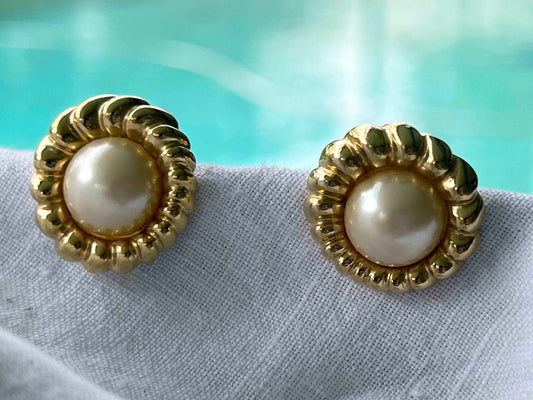 Vintage 1980s Monet Faux Pearl Button Post Earrings