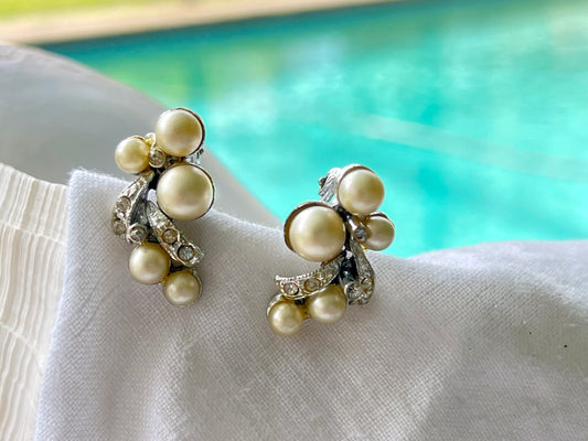 Vintage Faux Pearl and Rhinestone Bridal Clip on Earrings