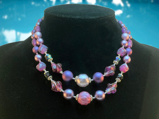 Vintage Japan Made Purple & Lavender  2 Strand Crystal Bead Necklace